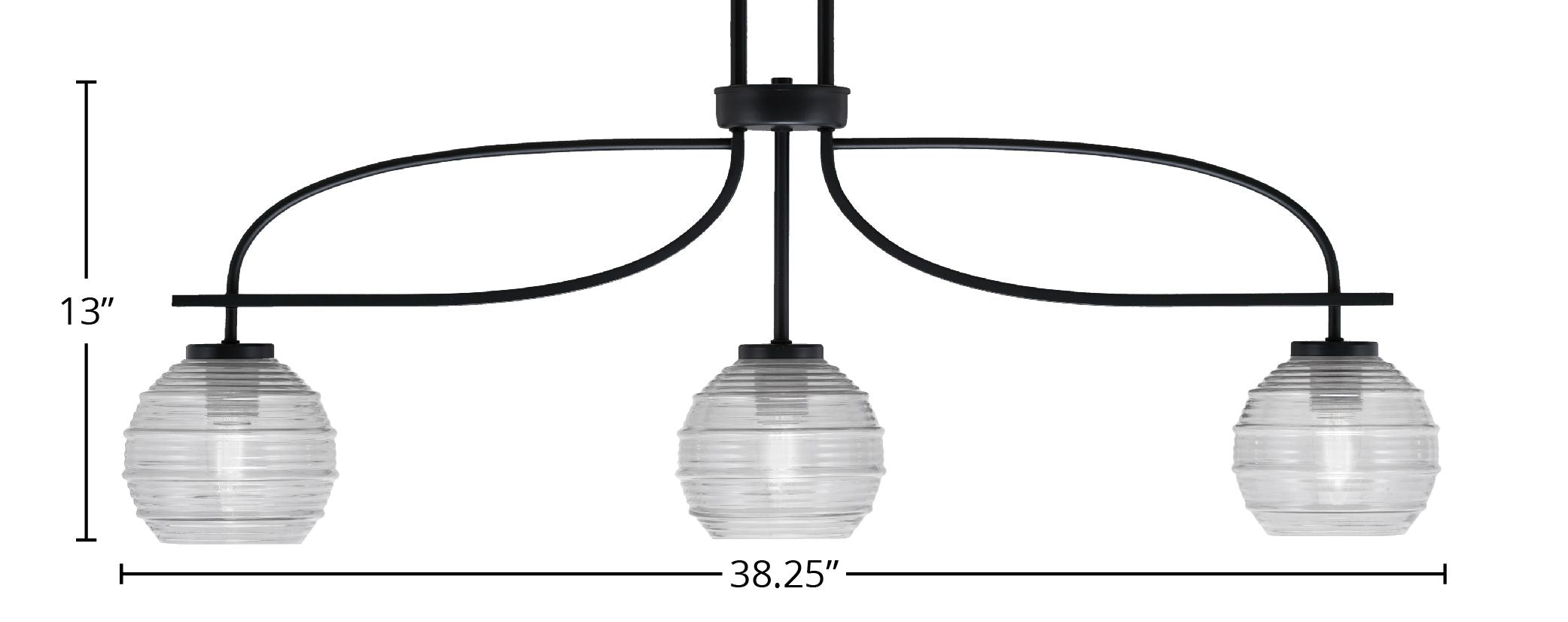 Cavella Three Light Island Pendant in Matte Black with 6" Clear Ribbed Glass Shade