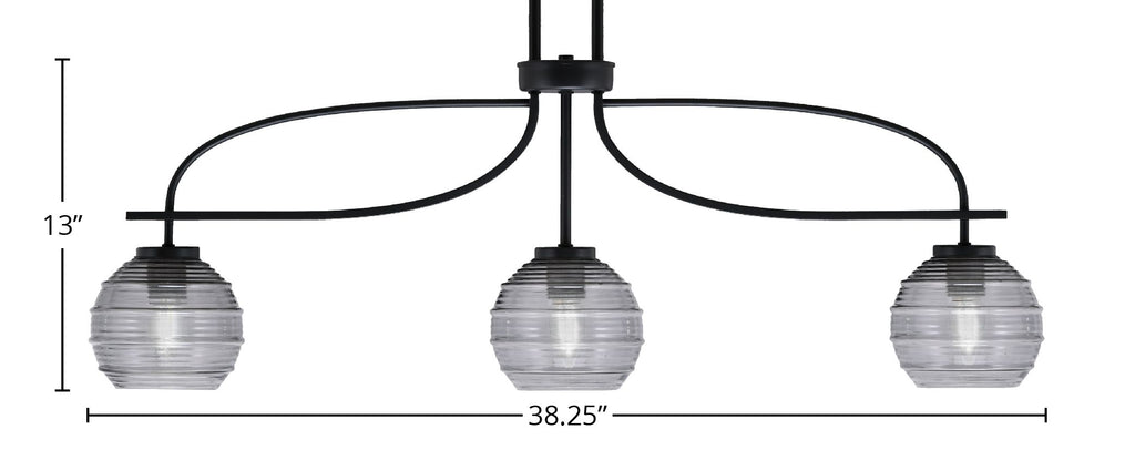 Cavella Three Light Island Pendant in Matte Black with 6" Smoke Ribbed Glass Shade