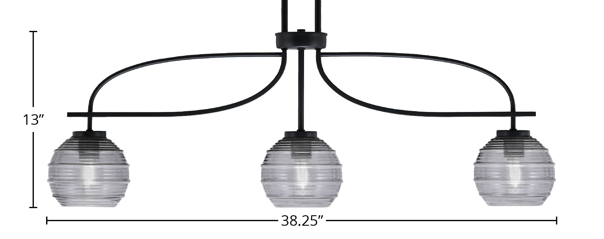 Cavella Three Light Island Pendant in Matte Black with 6" Smoke Ribbed Glass Shade