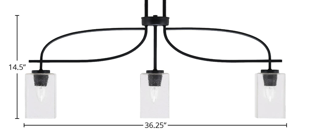 Cavella Three Light Island Pendant in Matte Black with 4" Square Clear Bubble Shade