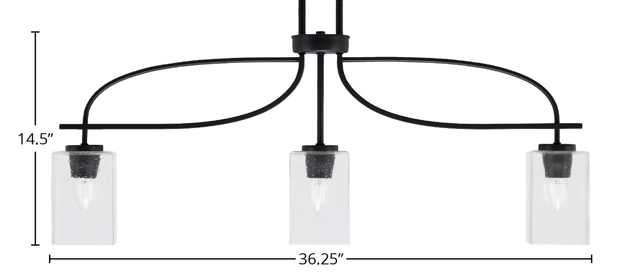 Cavella Three Light Island Pendant in Matte Black with 4" Square Clear Bubble Shade