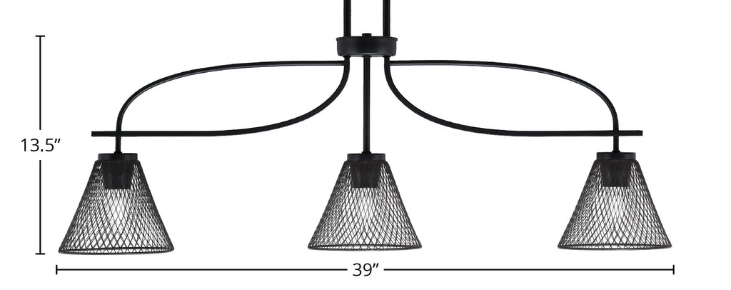 Cavella Three Light Island Pendant in Matte Black with 7" Matte Black Cone Mesh Metal Shade Shade