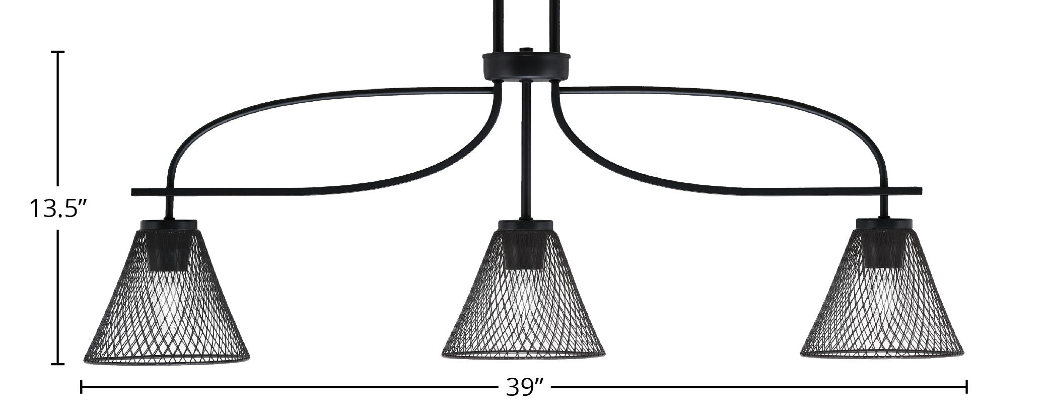 Cavella Three Light Island Pendant in Matte Black with 7" Matte Black Cone Mesh Metal Shade Shade