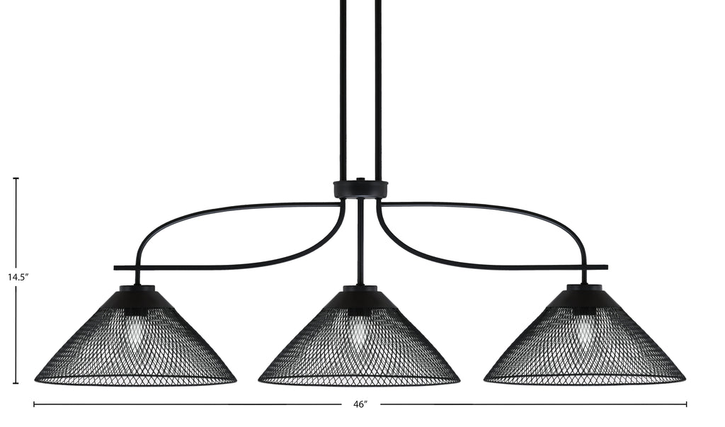 Cavella Three Light Island Pendant in Matte Black with 14" Matte Black Cone Mesh Metal Shade Shade