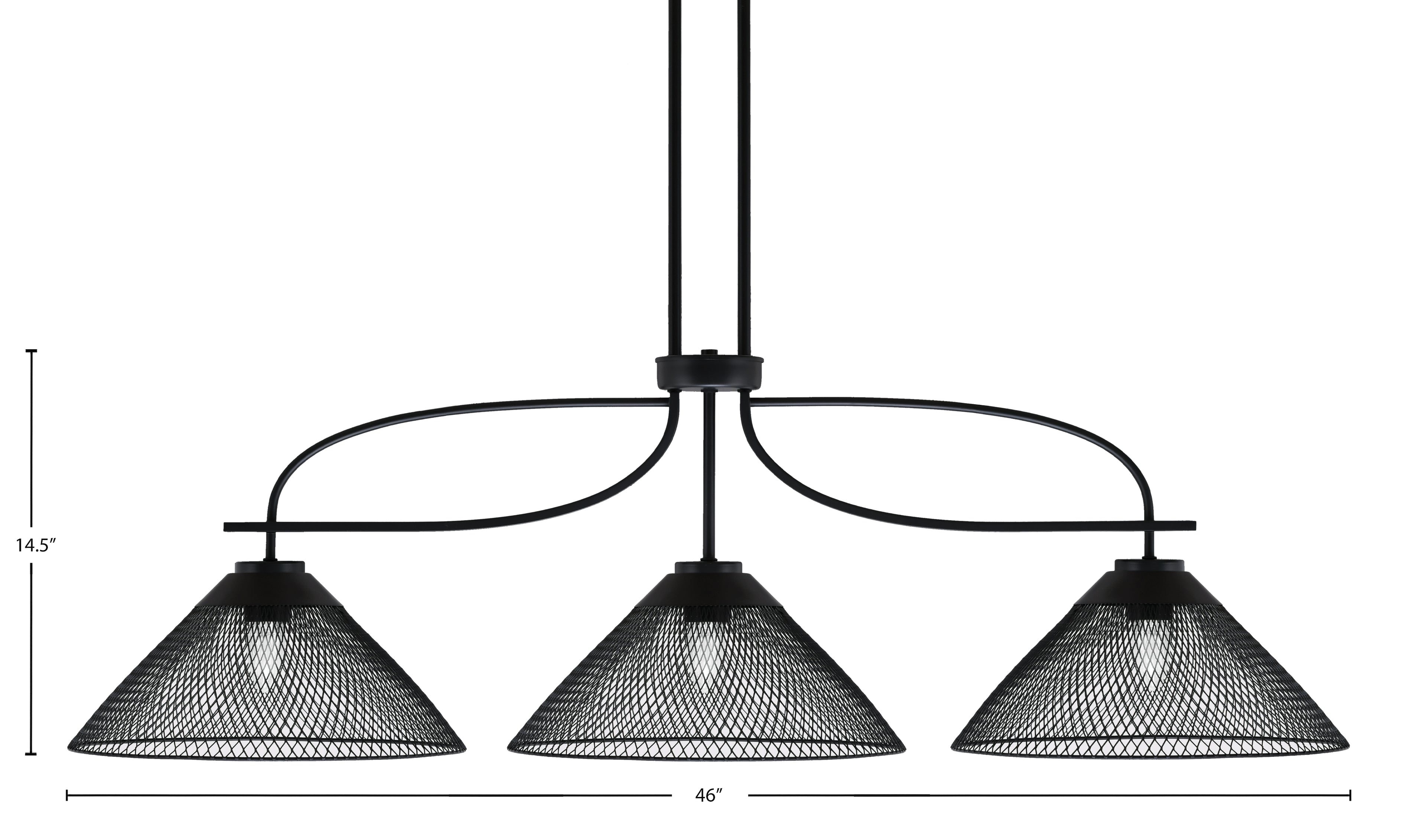 Cavella Three Light Island Pendant in Matte Black with 14" Matte Black Cone Mesh Metal Shade Shade