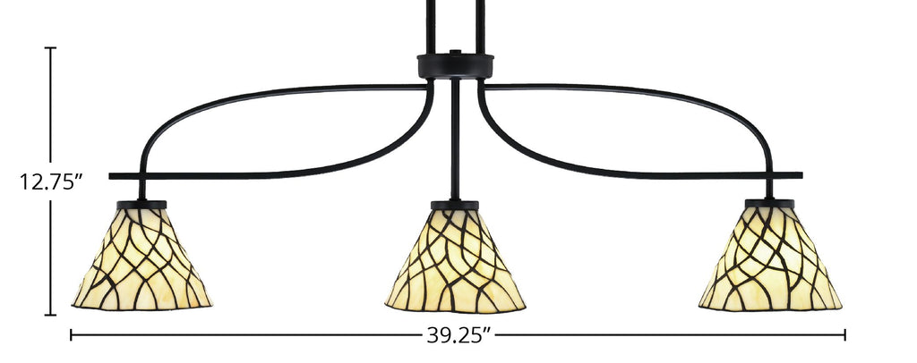 Cavella Three Light Island Pendant in Matte Black with 7" Sandhill Art Glass Shade