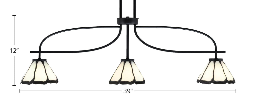 Cavella Three Light Island Pendant in Matte Black with 7" Pearl & Black Flair Art Glass Shade