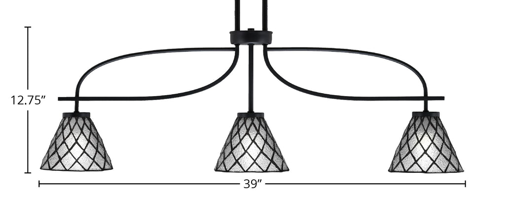 Cavella Three Light Island Pendant in Matte Black with 7" Diamond Ice Art Glass Shade