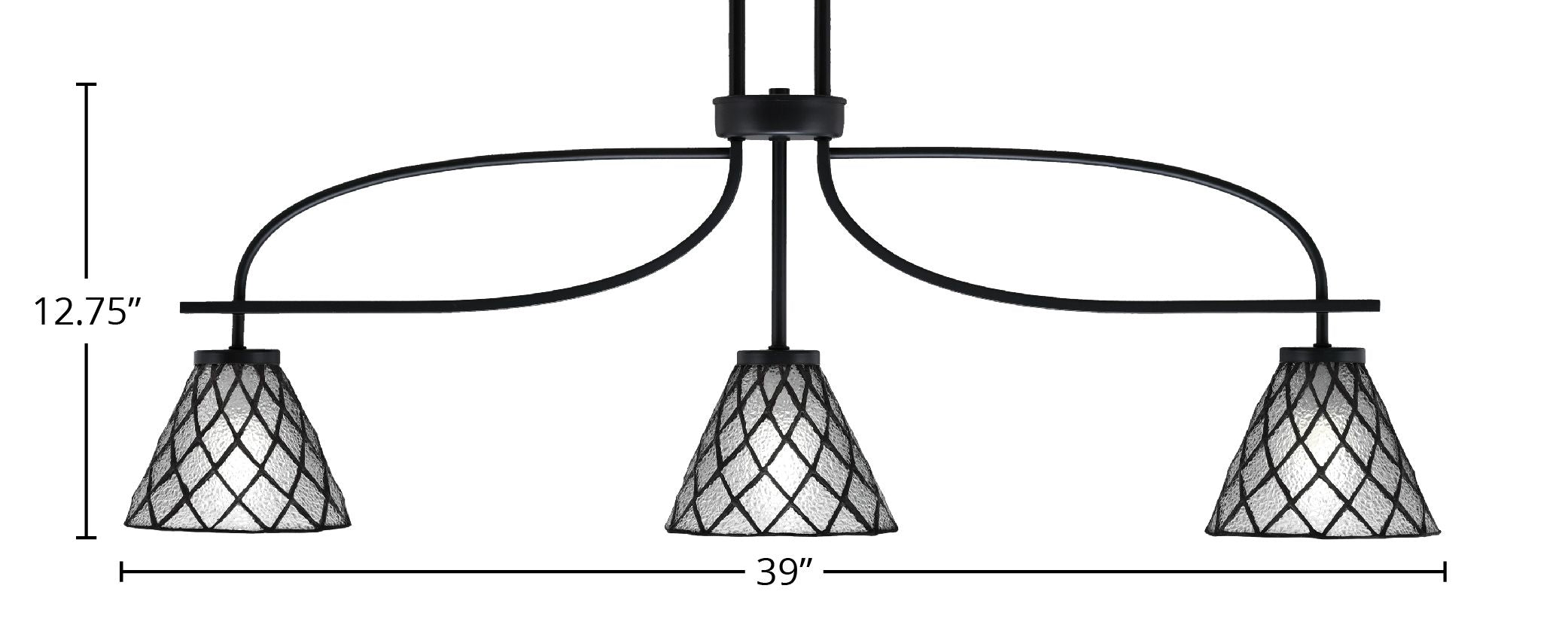 Cavella Three Light Island Pendant in Matte Black with 7" Diamond Ice Art Glass Shade