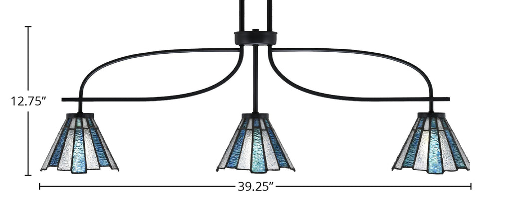 Cavella Three Light Island Pendant in Matte Black with 7" Sea Ice Art Glass Shade