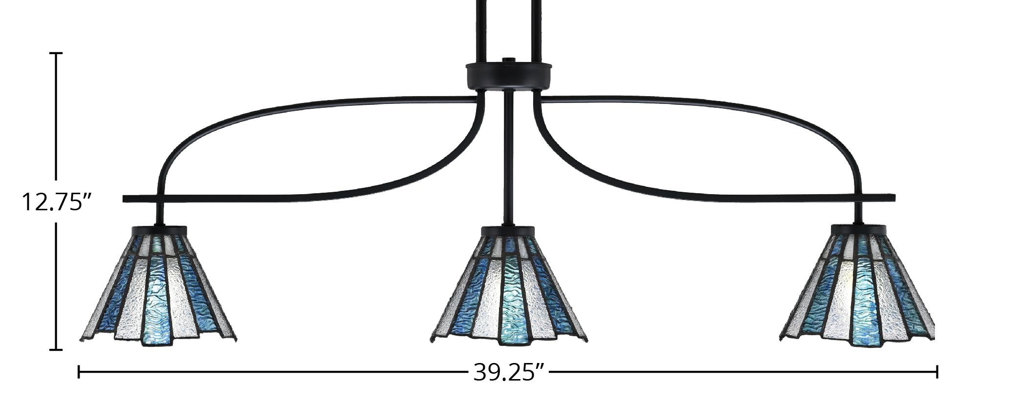 Cavella Three Light Island Pendant in Matte Black with 7" Sea Ice Art Glass Shade