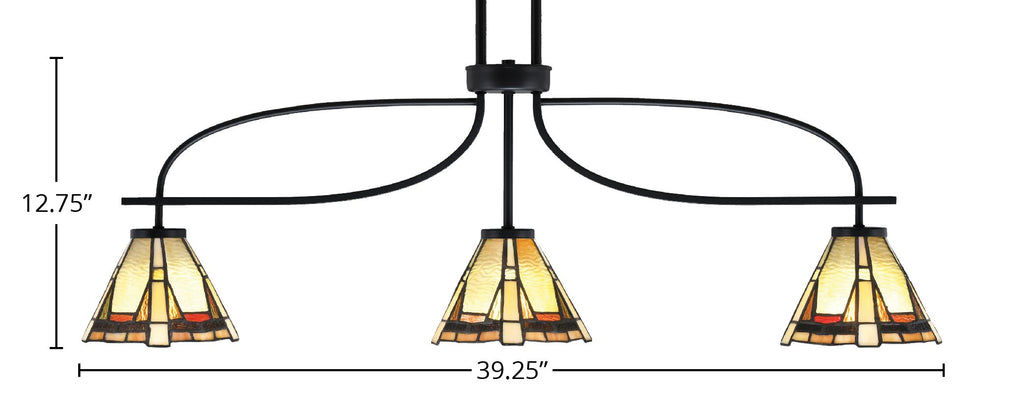 Cavella Three Light Island Pendant in Matte Black with 7" Zion Art Glass Shade