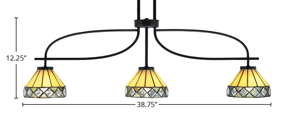 Cavella Three Light Island Pendant in Matte Black with 7" Diamond Peak Art Glass Shade
