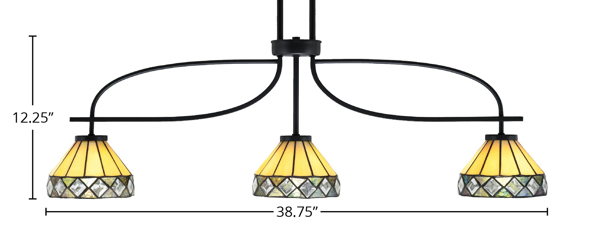 Cavella Three Light Island Pendant in Matte Black with 7" Diamond Peak Art Glass Shade