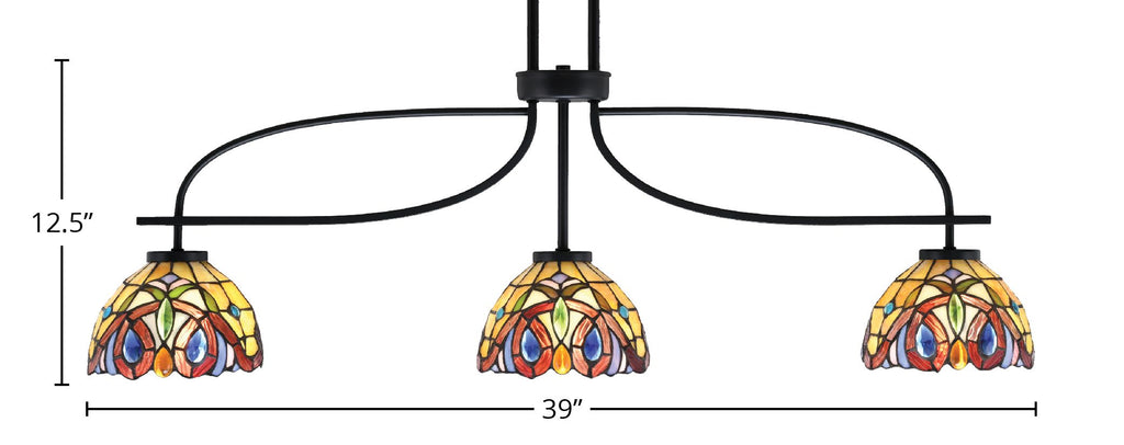 Cavella Three Light Island Pendant in Matte Black with 7" Lynx Art Glass Shade