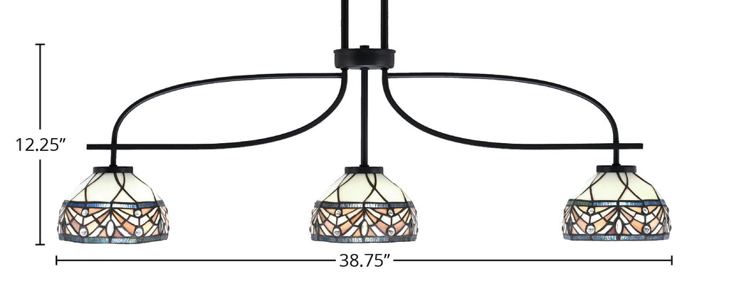 Cavella Three Light Island Pendant in Matte Black with 7" Royal Merlot Art Glass Shade
