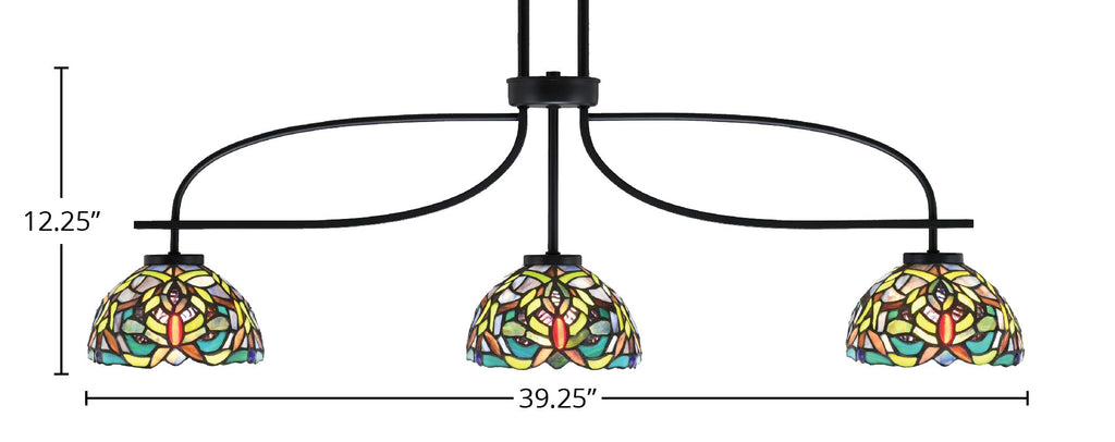 Cavella Three Light Island Pendant in Matte Black with 7" Kaleidoscope Art Glass Shade