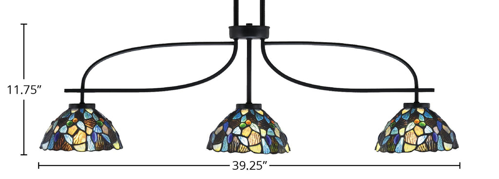 Cavella Three Light Island Pendant in Matte Black with 7" Blue Mosaic Art Glass Shade