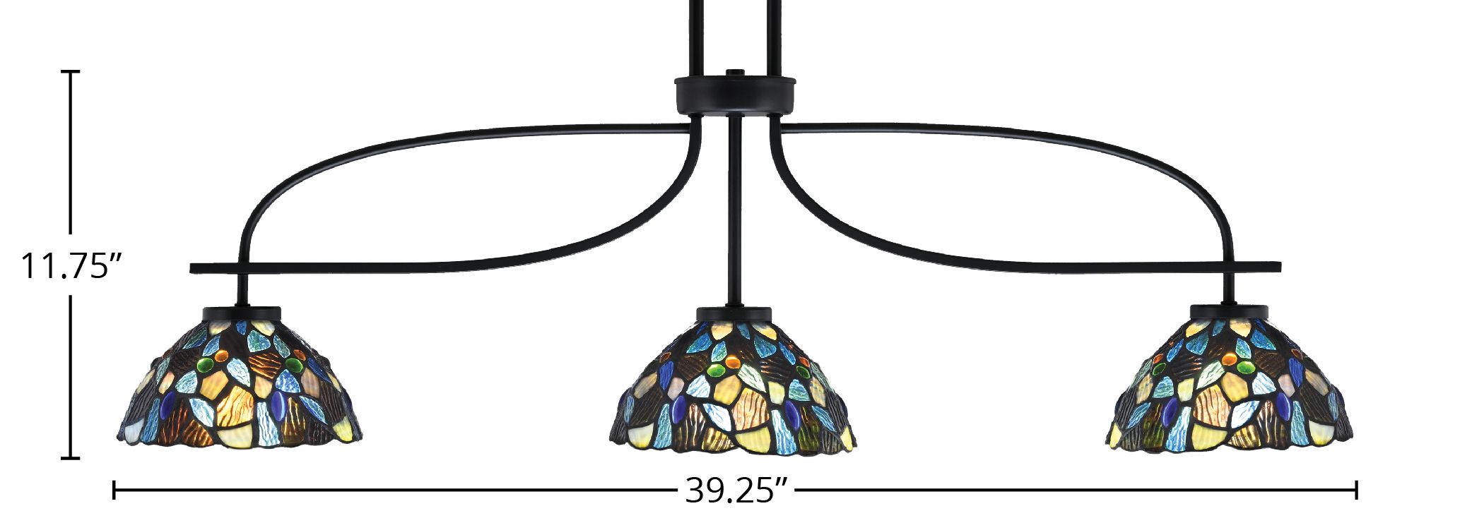 Cavella Three Light Island Pendant in Matte Black with 7" Blue Mosaic Art Glass Shade