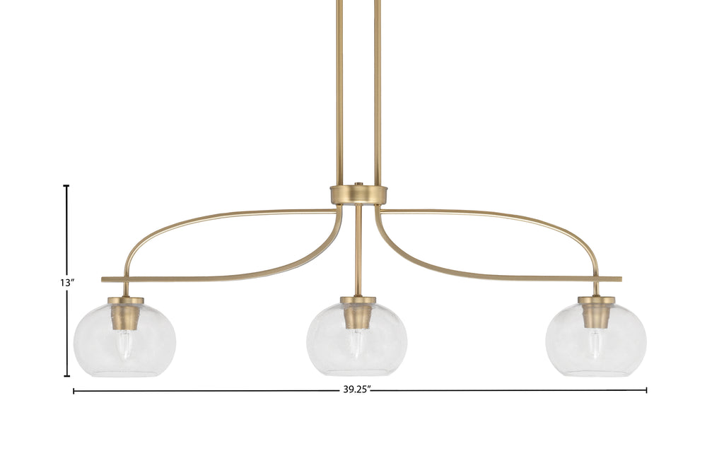 Cavella Three Light Island Pendant in New Age Brass with 7" Clear Bubble Shade