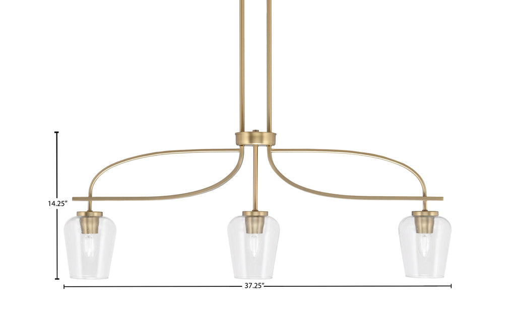 Cavella Three Light Island Pendant in New Age Brass with 5" Clear Bubble Shade