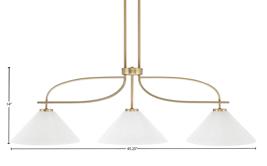 Cavella Three Light Island Pendant in New Age Brass with 12" White Marble Shade