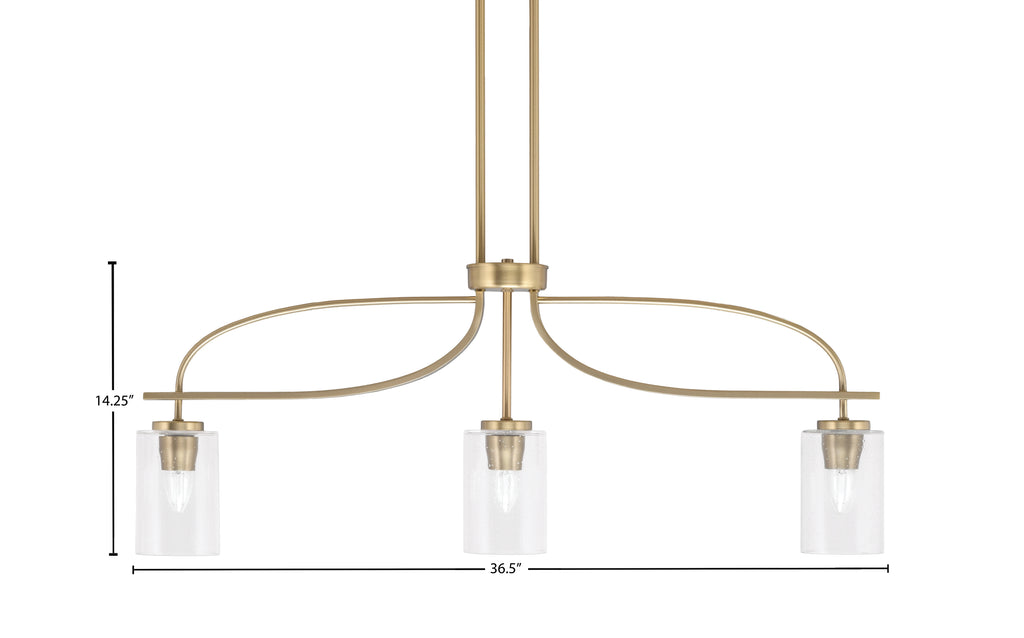 Cavella Three Light Island Pendant in New Age Brass with 4" Clear Bubble Shade
