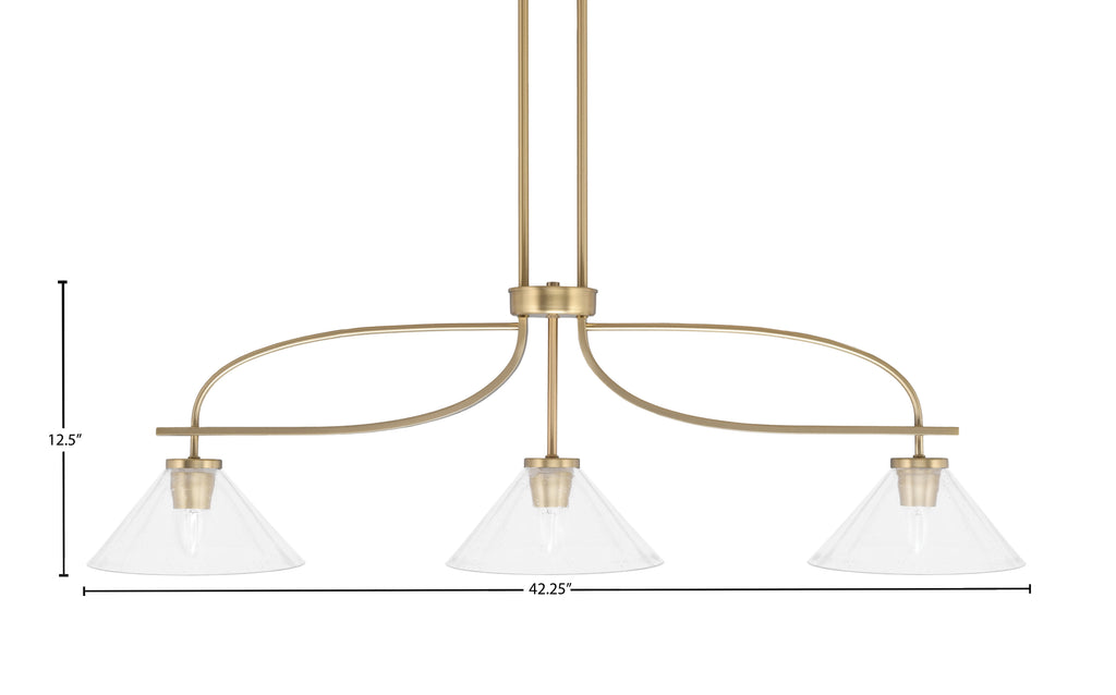Cavella Three Light Island Pendant in New Age Brass with 10" Clear Bubble Shade