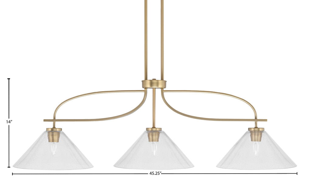 Cavella Three Light Island Pendant in New Age Brass with 12" Clear Bubble Shade