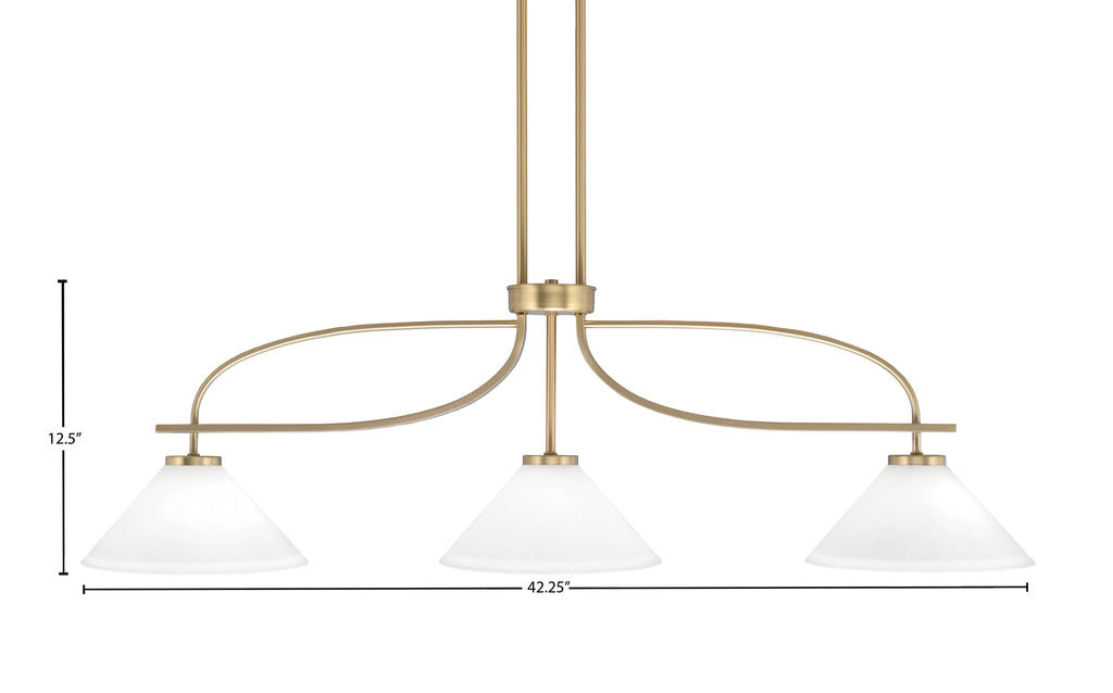 Cavella Three Light Island Pendant in New Age Brass with 10" White Muslin Shade
