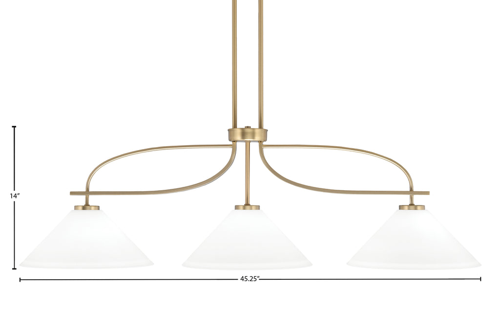 Cavella Three Light Island Pendant in New Age Brass with 12" White Muslin Shade