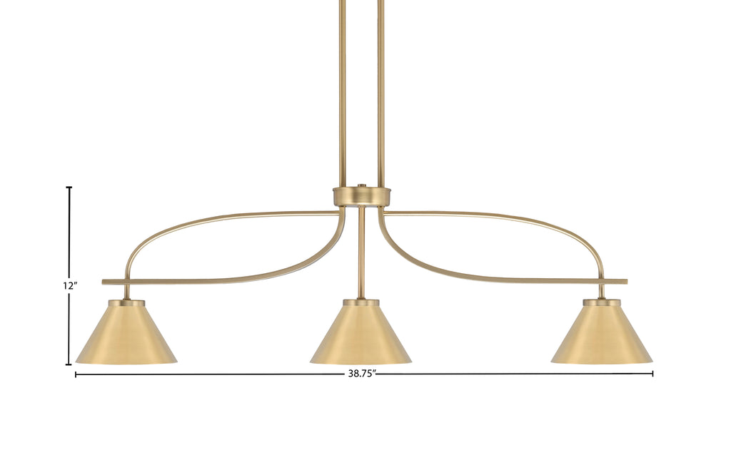 Cavella Three Light Island Pendant in New Age Brass with 7" New Age Brass Cone Metal Shades Shade