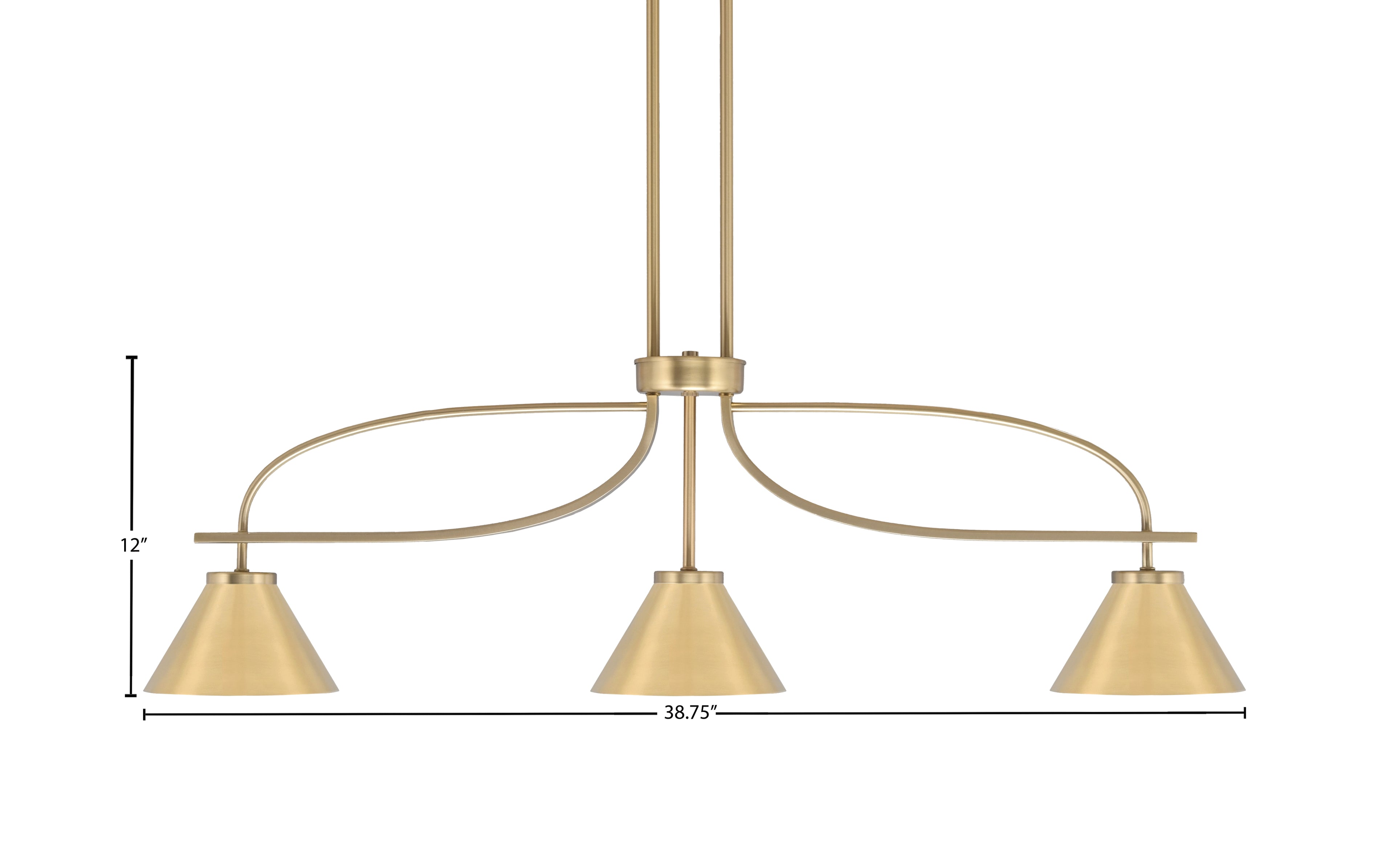 Cavella Three Light Island Pendant in New Age Brass with 7" New Age Brass Cone Metal Shades Shade