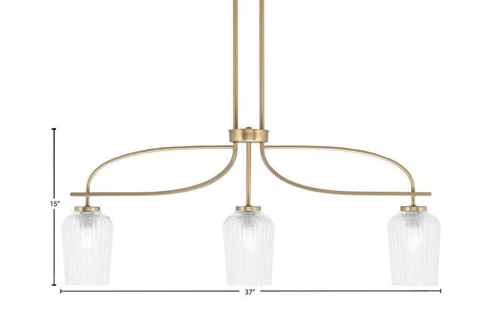 Cavella Three Light Island Pendant in New Age Brass with 5" Clear Textured Shade