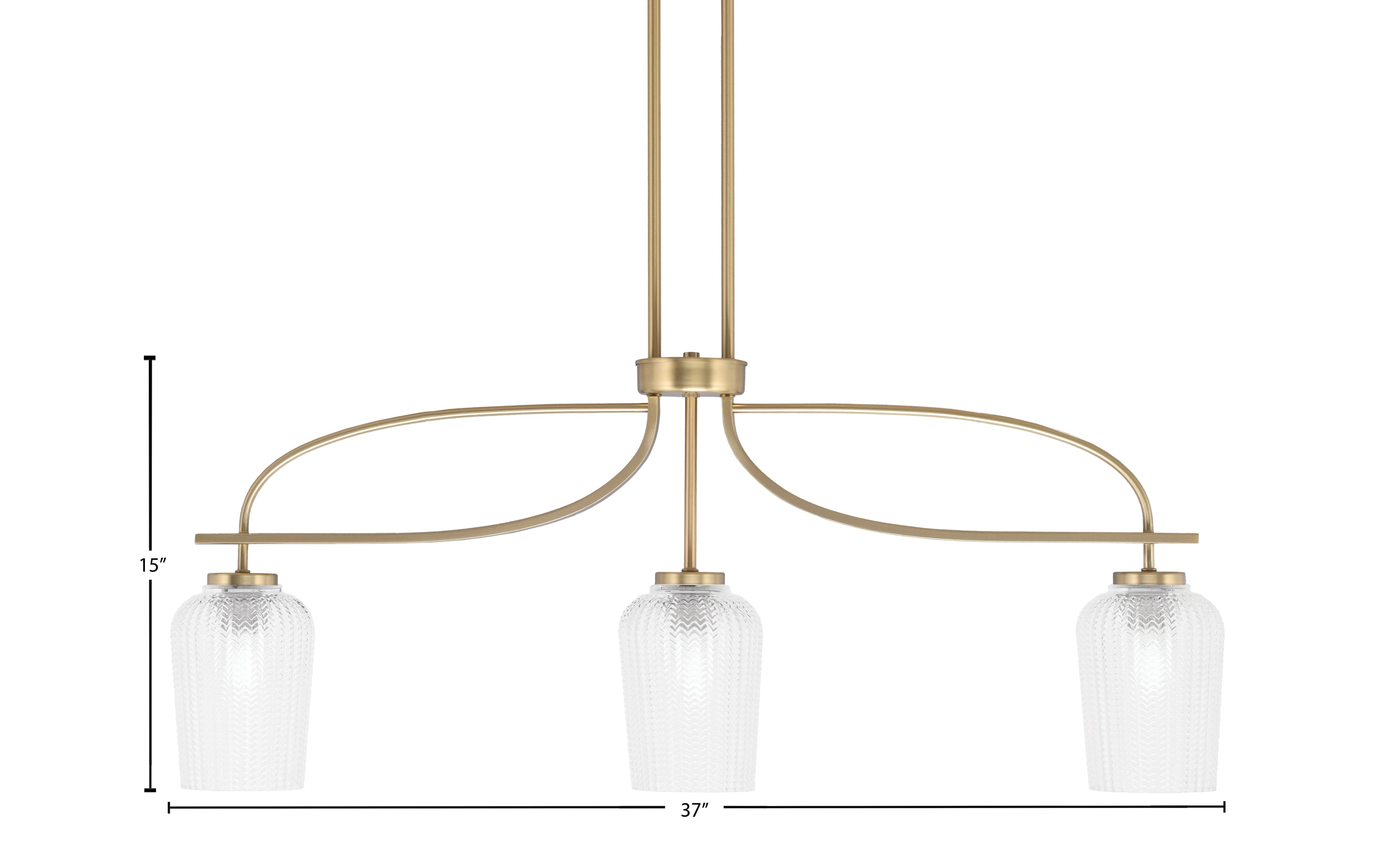 Cavella Three Light Island Pendant in New Age Brass with 5" Clear Textured Shade
