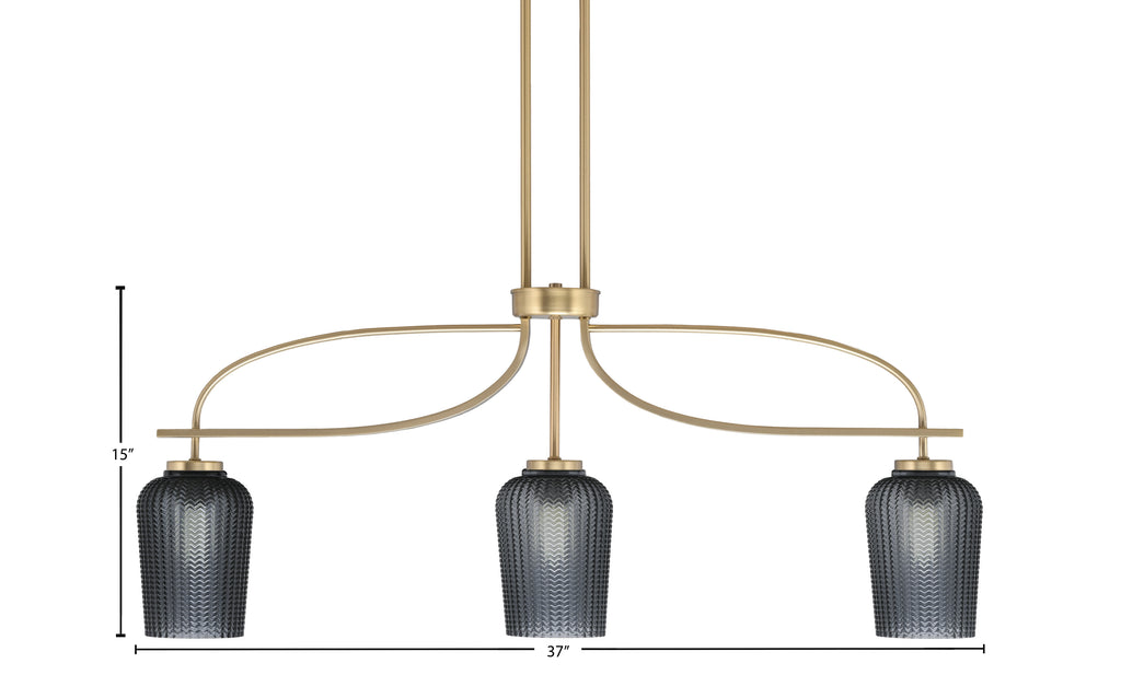 Cavella Three Light Island Pendant in New Age Brass with 5" Smoke Textured Shade