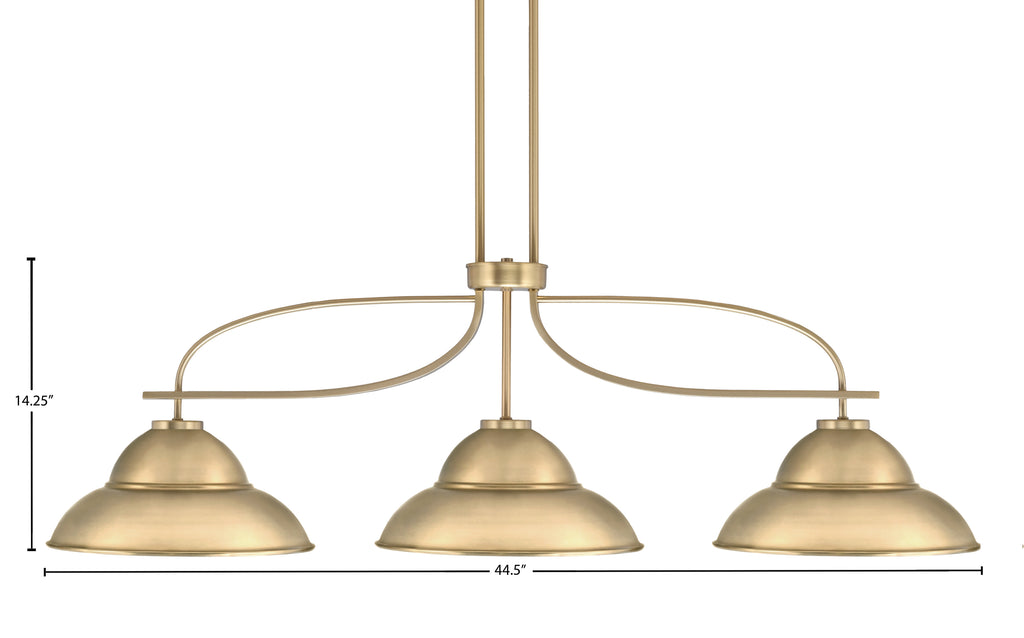 Cavella Three Light Island Pendant in New Age Brass with 13″ New Age Brass Double Bubble Metal Shades Shade