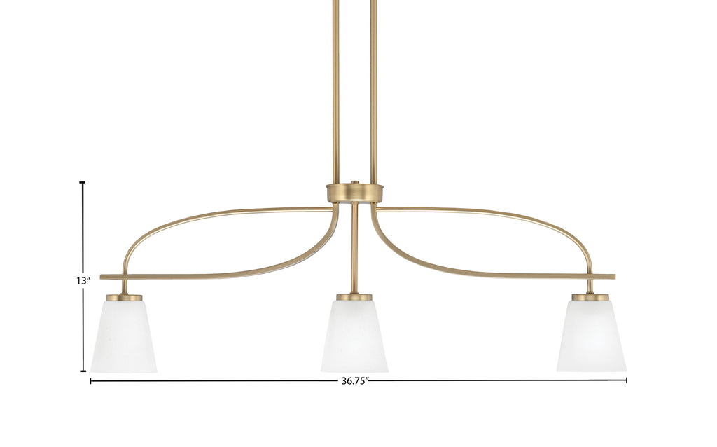Cavella Three Light Island Pendant in New Age Brass with 4.5" White Muslin Shade