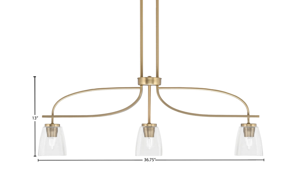 Cavella Three Light Island Pendant in New Age Brass with 4.5" Clear Bubble Shade