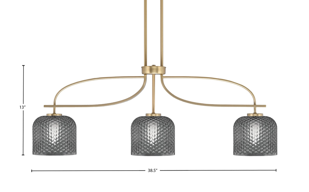 Cavella Three Light Island Pendant in New Age Brass with 6" Smoke Textured Shade