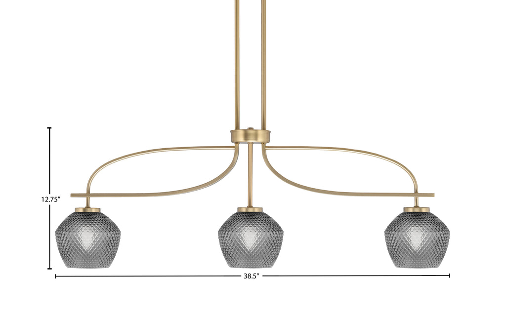 Cavella Three Light Island Pendant in New Age Brass with 6" Smoke Textured Shade
