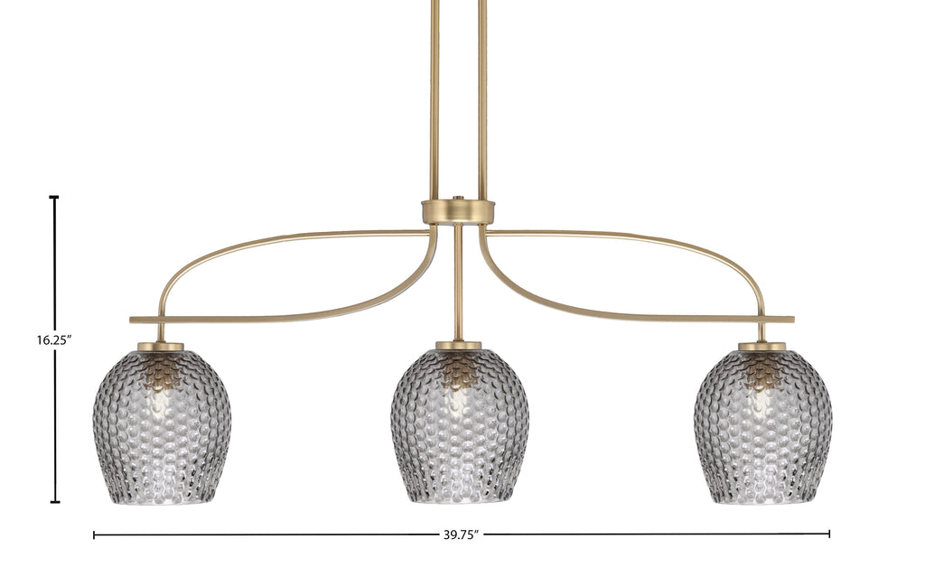 Cavella Three Light Island Pendant in New Age Brass with 7.5" Smoke Textured Shade