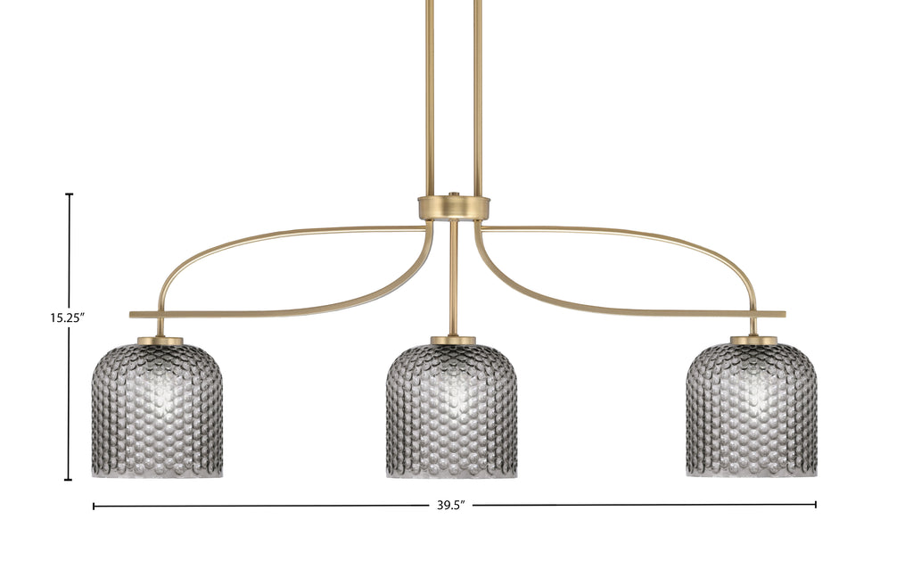 Cavella Three Light Island Pendant in New Age Brass with 7" Smoke Textured Shade