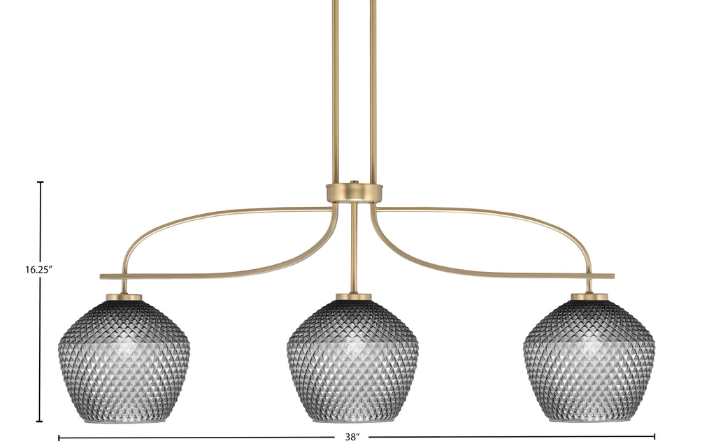 Cavella Three Light Island Pendant in New Age Brass with 9" Smoke Textured Shade
