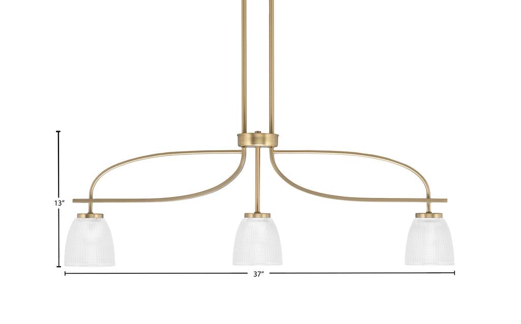 Cavella Three Light Island Pendant in New Age Brass with 5" Clear Ribbed Shade