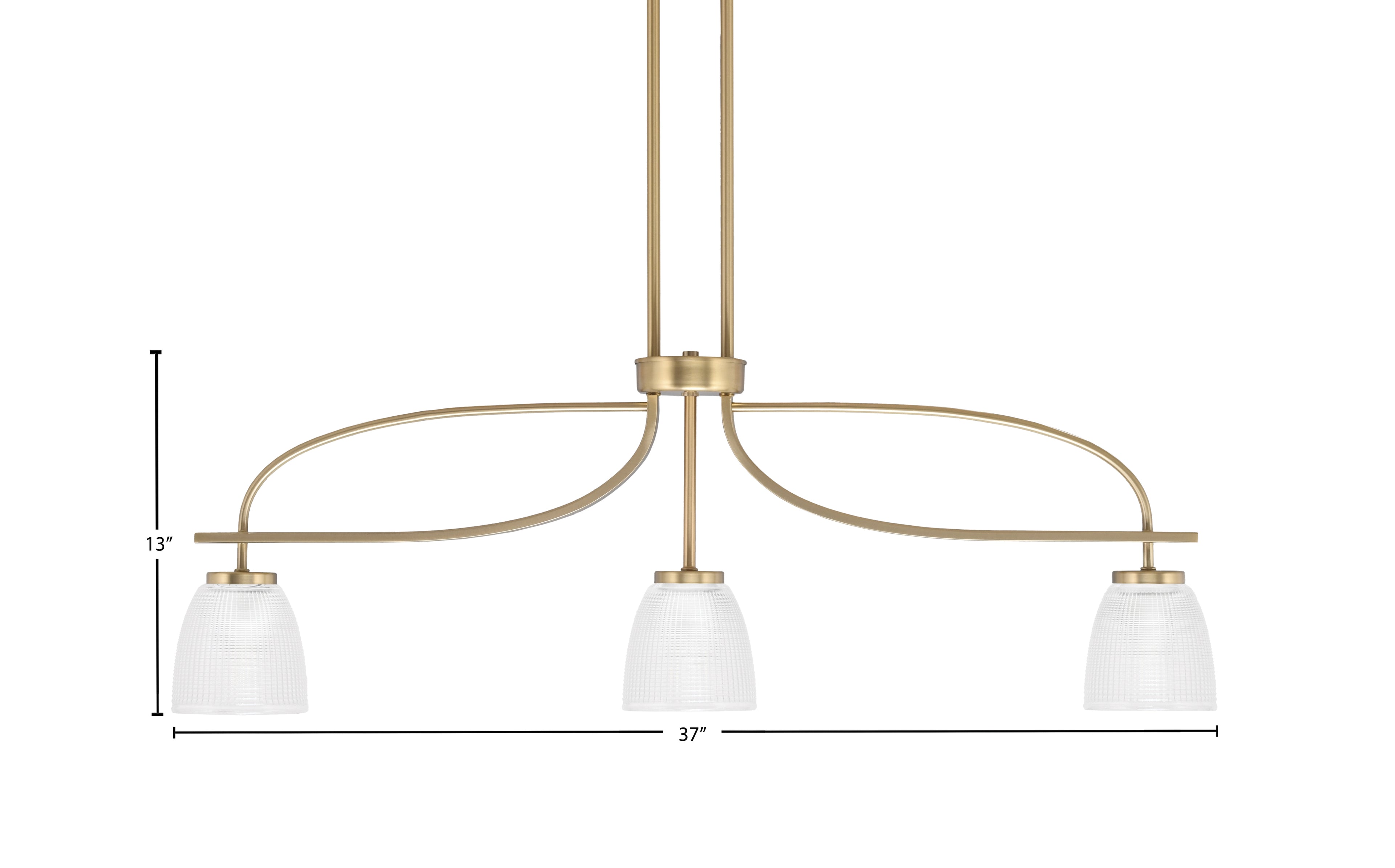 Cavella Three Light Island Pendant in New Age Brass with 5" Clear Ribbed Shade