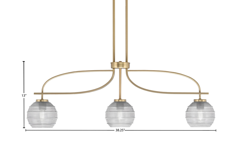 Cavella Three Light Island Pendant in New Age Brass with 6" Clear Ribbed Shade