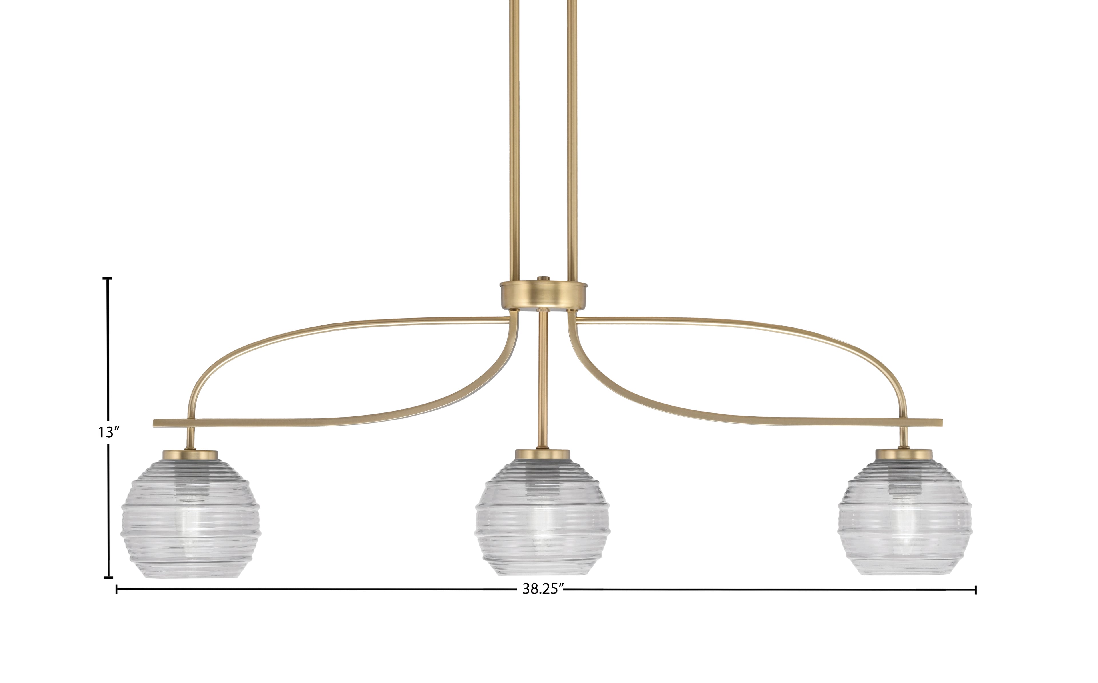 Cavella Three Light Island Pendant in New Age Brass with 6" Clear Ribbed Shade