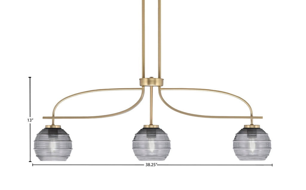 Cavella Three Light Island Pendant in New Age Brass with 6" Smoke Ribbed Shade