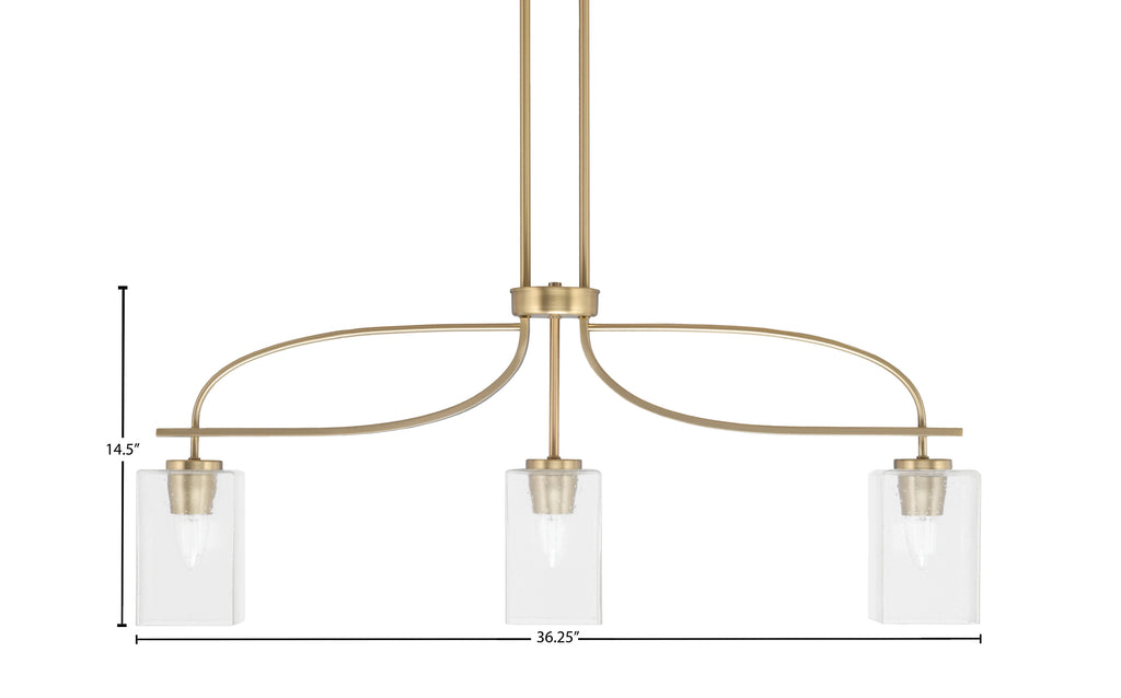 Cavella Three Light Island Pendant in New Age Brass with 4" Clear Bubble Shade
